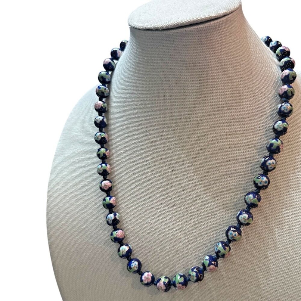 Vintage Chinese Estate Cloisonné Blue Floral Hand Beaded Necklace 12K GF Clasp
